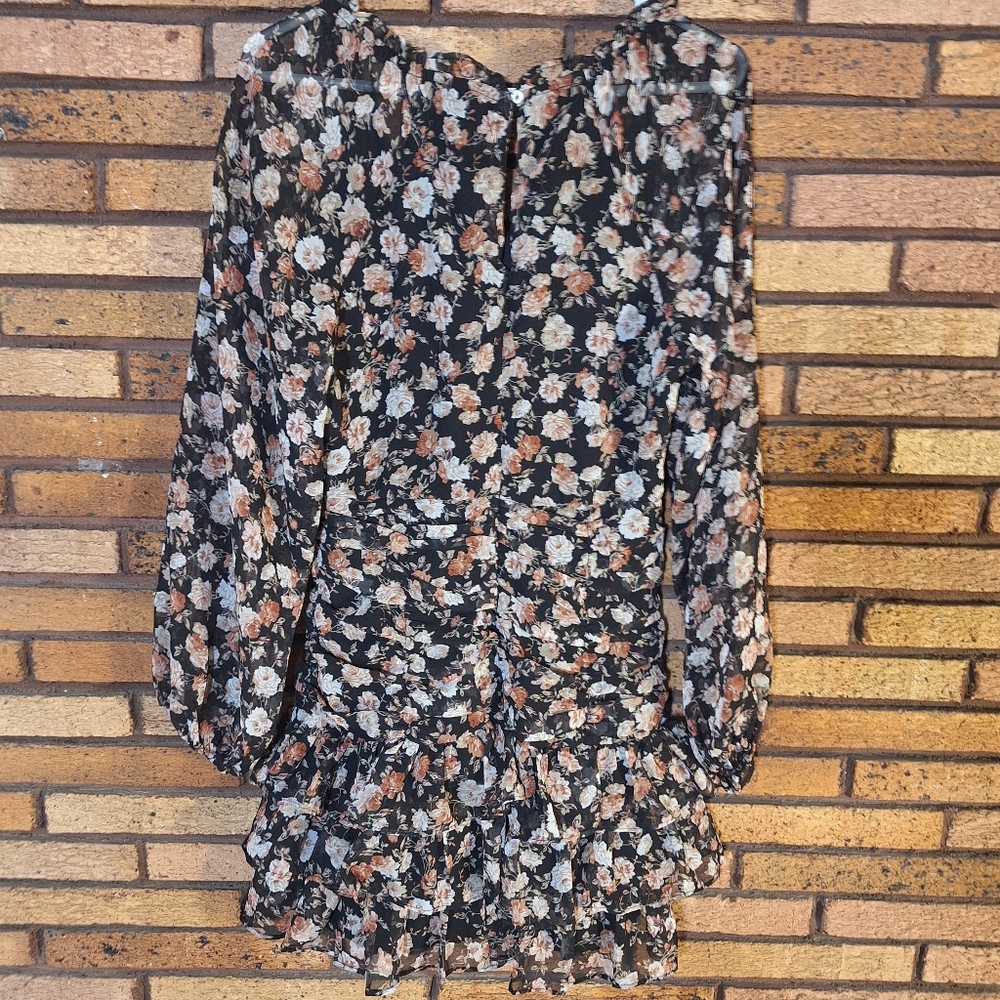 Fab'rik Small Black Floral Long Sleeve Ruched Dress - Picture 5 of 8